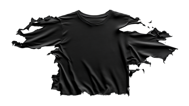 Tattered black t-shirt on a black background, cut out transparent
