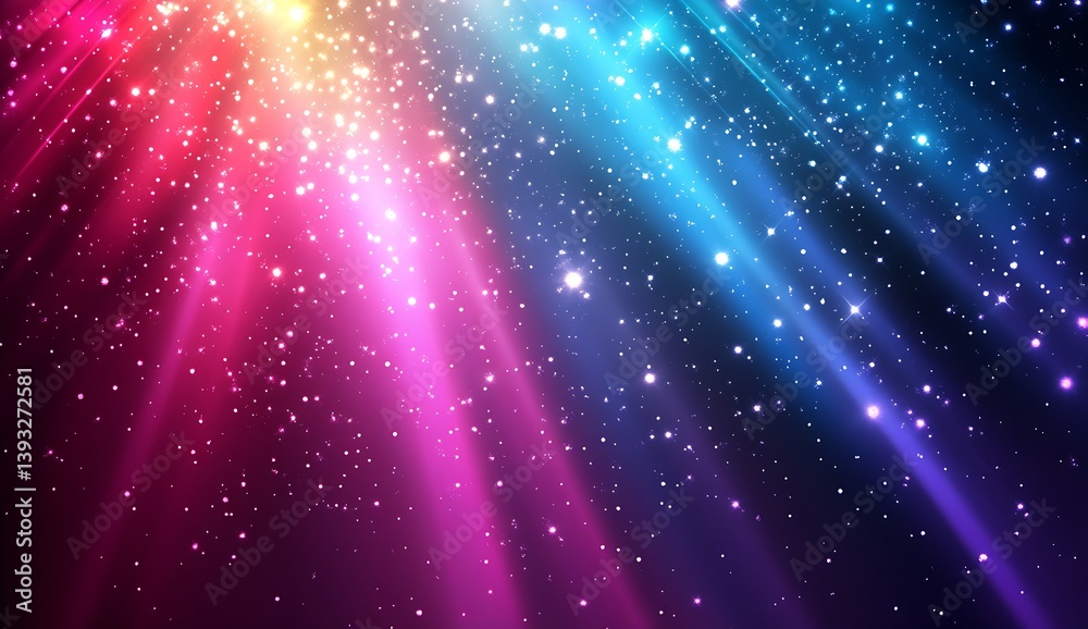 Poster vibrant cosmic background with colorful beams of light and sparkling stars in a dreamy atmosphere : 