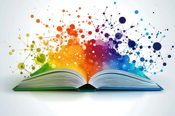 An open book emitting colorful information and interconnected network dots
