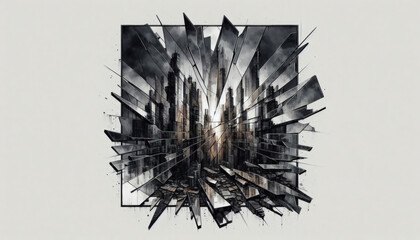 Cracked broken mirror of reality of a cityscape, fractured perception of reality and the decay of modern life