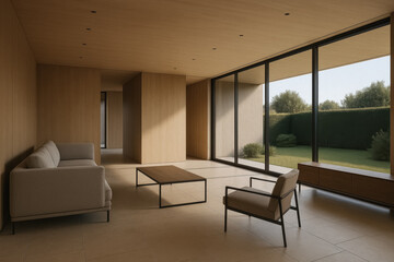 Minimalist modern living room with wood and glass, open to green garden, generative AI