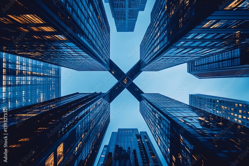Aufkleber Low Angle View of Modern Skyscrapers Against Blue Sky Showcasing Urban Architecture and Cityscape in the Downtown Core : Generative AI