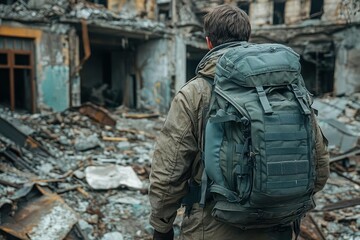 Man with backpack amidst rubble