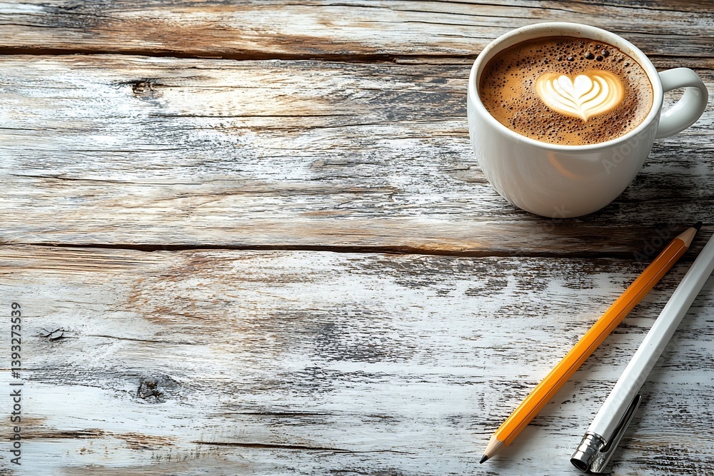 Aufkleber coffee cup with latte art and pencils on rustic wooden table minimalist workspace cozy morning caffe