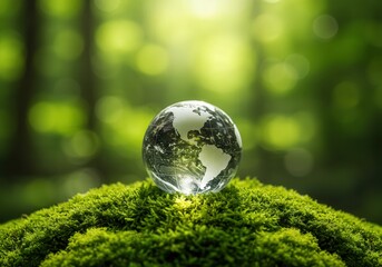 A glass globe of the world sits atop a bed of lush green moss in a forest setting.