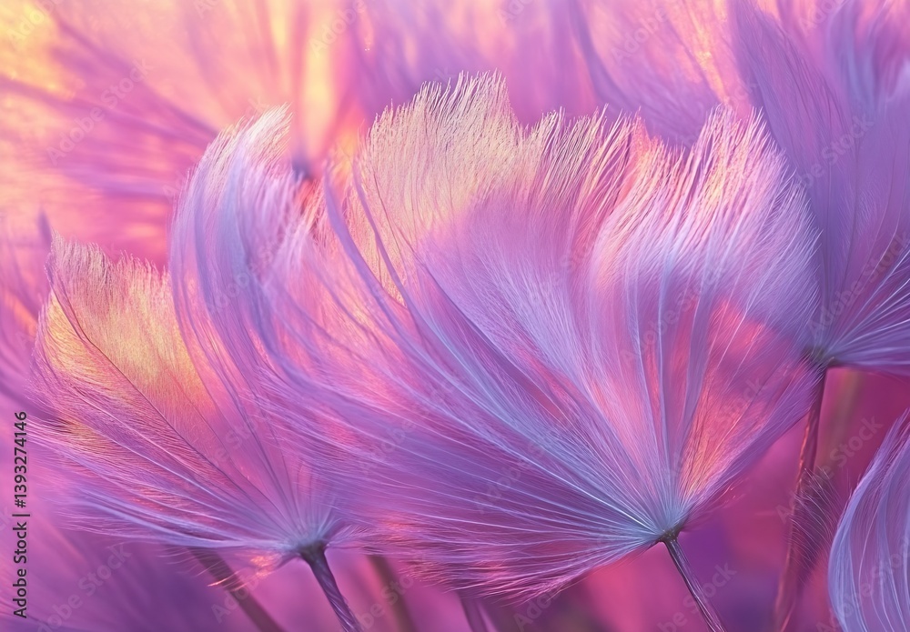 Poster delicate and ethereal soft pink and purple feathers bathed in warm light : generative ai