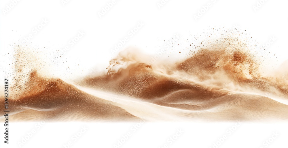 Poster ethereal view of brown sand waves cascading like a natural masterpiece against a white background : 