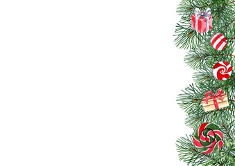 Merry Christmas greeting card frame template white space branches of pine branch, pine tree, sweets, candies. Template design, happy new year.