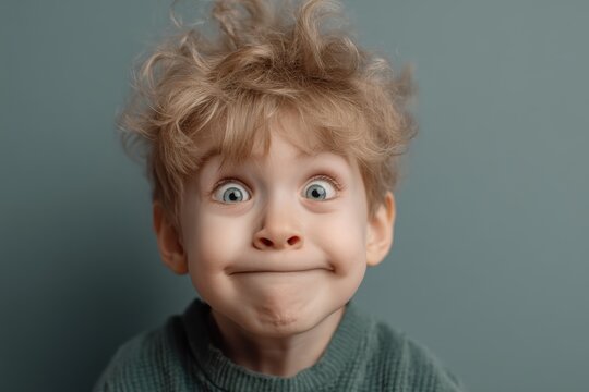 Naklejki Funny young boy with curly blonde hair makes a goofy, cross-eyed expression, looking directly at the camera with a childish sense of playful, silly humor.