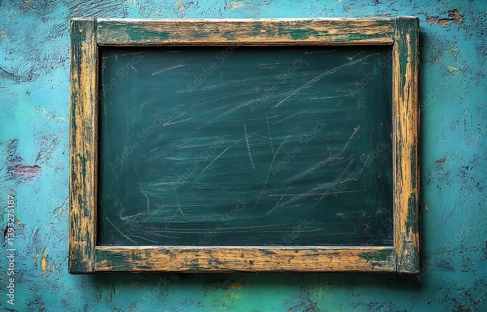 Poster Rustic Chalkboard with Wooden Frame on Textured Blue Background Vintage School Board Advertisement Template : Generative AI