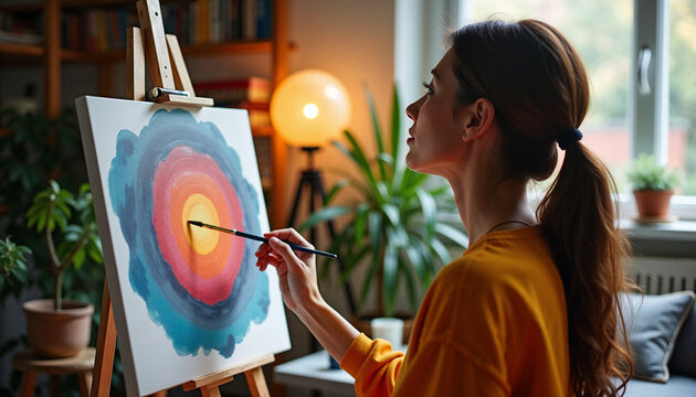 Woman engaging in art therapy for mental well-being, painting colorful circles in cozy indoor space