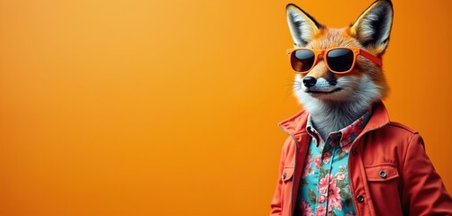 Obraz premium Fox in funky fashion clothes, dark shades sunglasses poses. Cool animal dressed in jacket, floral shirt. Modern illustration, stylish, trendy look. Wide banner with copy space for design, web print.