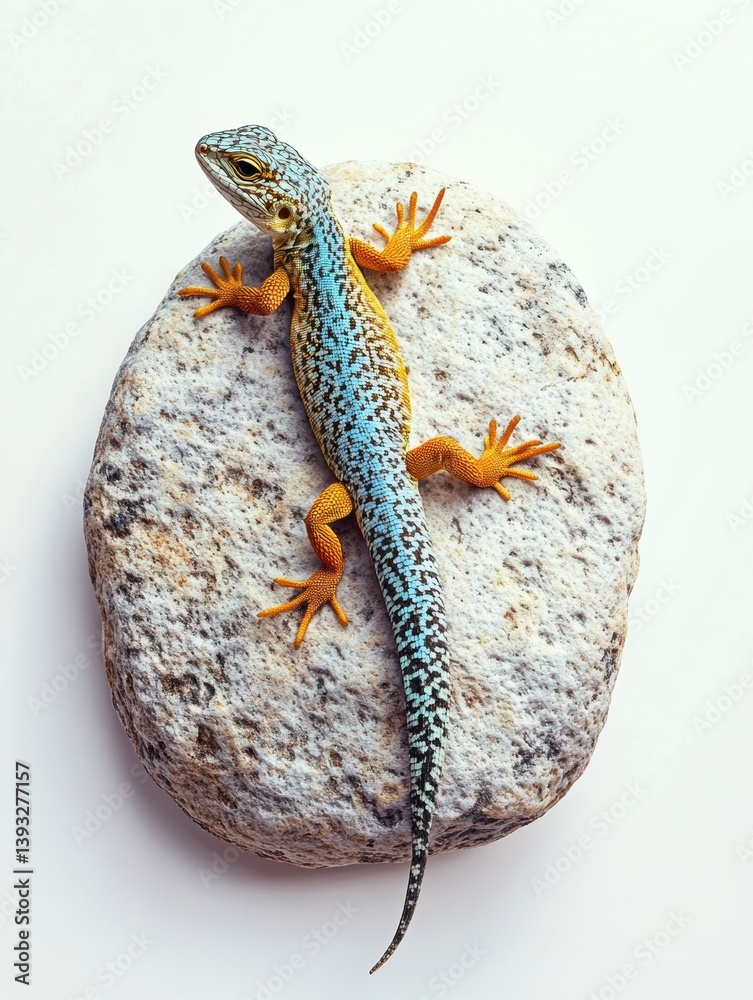 Aufkleber Colorful lizard resting on textured rock with white background and drop shadow
