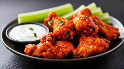 Close-up of delicious buffalo cauliflower wings served with celery sticks and dipping sauce, a tasty vegetarian alternative to traditional chicken wings