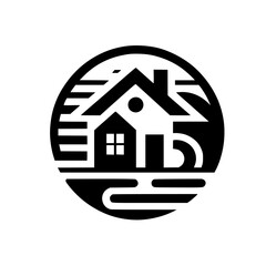 Minimalist House Logo within Circle - Black and White, Vector Design