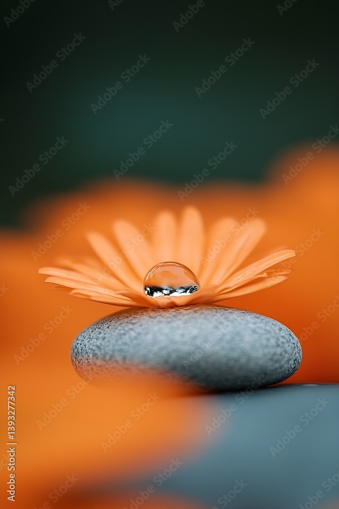 Poster Macro Shot of Water Drop on Orange Gerbera Daisy Resting on Pebble Stone with Blurred Green Background : Generative AI