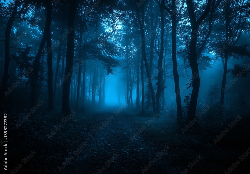 Aufkleber Mysterious blue forest path enveloped in fog inviting exploratory adventure : Generative AI