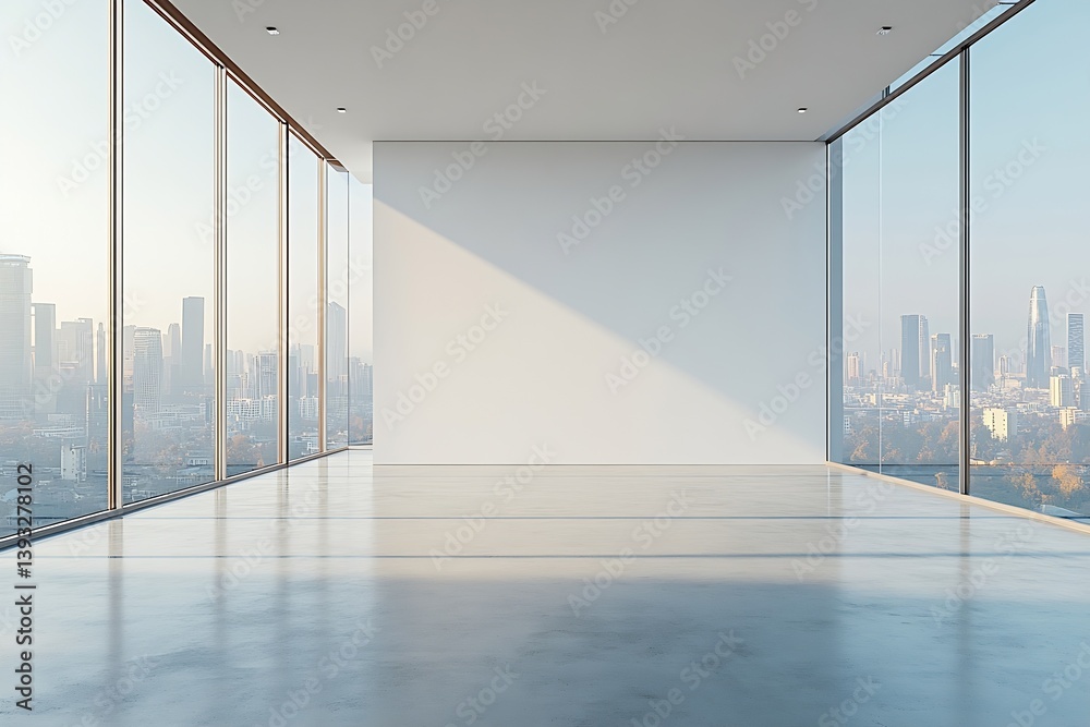 Aufkleber Modern Empty Office Interior with Cityscape View Minimalist Design Open Space with Polished Concrete Floor and Large Windows : Generative AI
