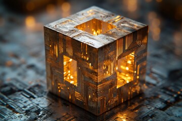 Fototapeta premium Miniature wooden house with glowing windows placed on snowy surface under soft light