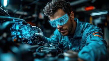 Mechanic using augmented reality for engine repair