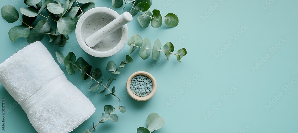 Poster Elegant Spa Arrangement with Eucalyptus and Soft Towels in a Calm Teal Environment : Generative AI