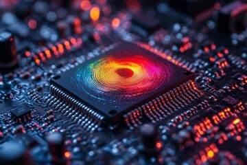 Fototapeta premium Abstract visualization of a digital core surrounded by red and blue circuits