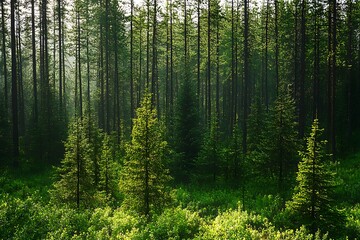 Obraz premium Green forest in the morning. Coniferous forest in the sunlight.