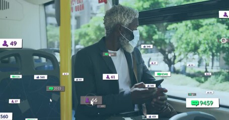Wearing mask on bus, elderly man surrounded by animation of social media icons - Powered by Adobe