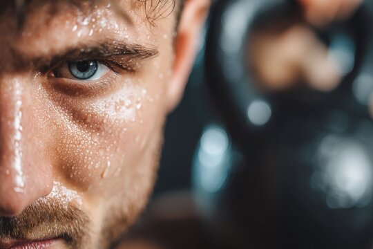 A close-up of a sweaty male athlete's face after a strenuous workout, with intense blue eyes, holding a kettlebell, conveying dedication and perseverance - Powered by Adobe