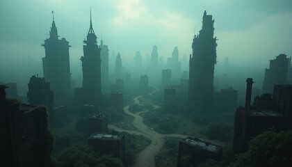 Obraz premium A desolate, post-apocalyptic landscape with crumbling buildings, rusting skyscrapers, and overgrown vegetation.