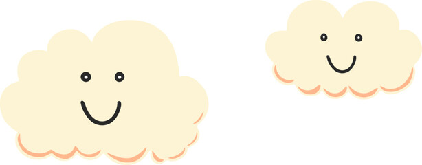 Two isolated cute smiling clouds (a small and a big one), drawn eyes and mouth.
