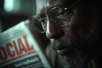 A focused man engrossed in reading a newspaper with the headline 'Social', wearing glasses, and showing a deep interest in current affairs and information.