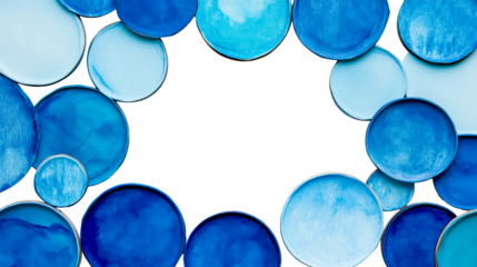 Blue painted circles frame black background, abstract art, cut out transparent