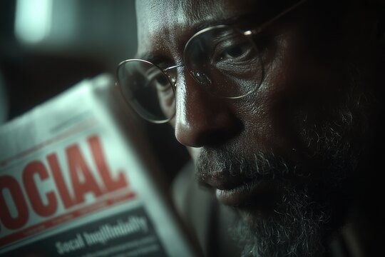 A focused man engrossed in reading a newspaper with the headline 'Social', wearing glasses, and showing a deep interest in current affairs and information.