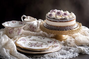 Elegant Mother's Day soiree with a sophisticated opera cake and a set of fine bone china on a lace-draped table, exuding luxury and grace.
