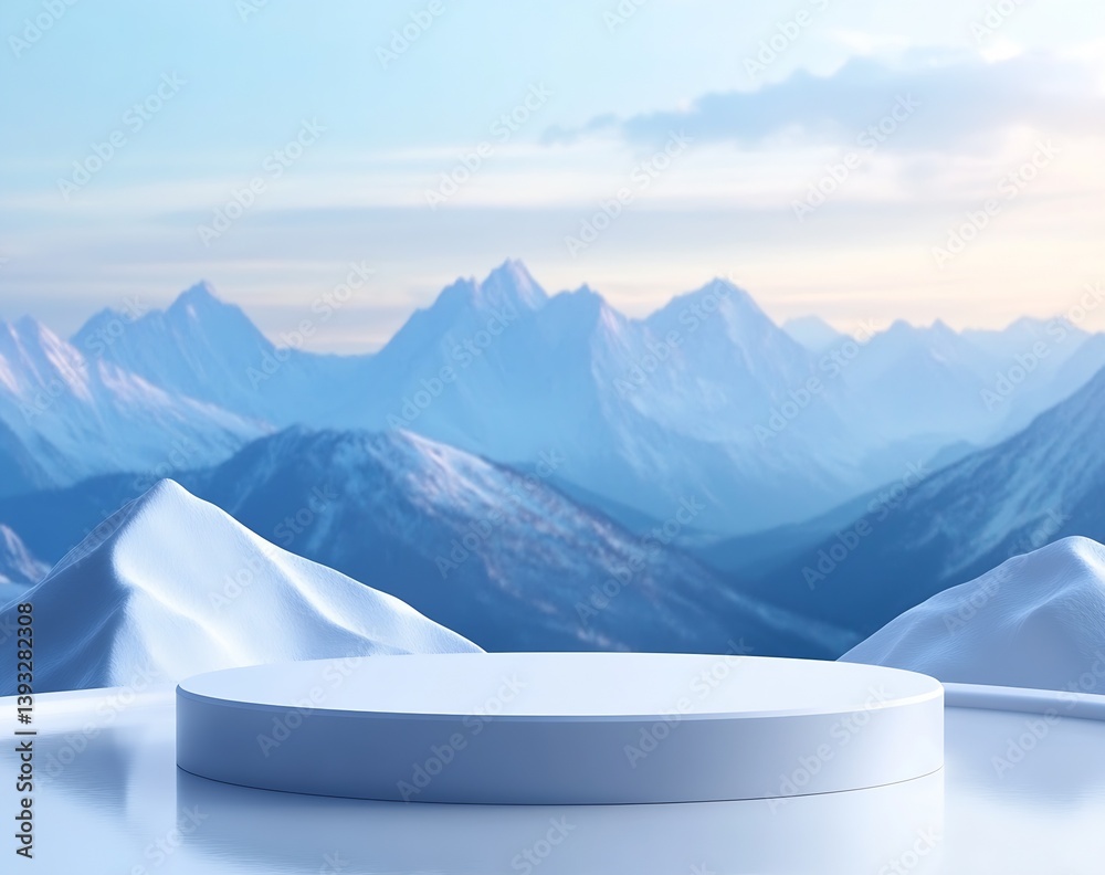 Poster vast snowy mountain landscape with a modern circular platform against a clear blue horizon : generat