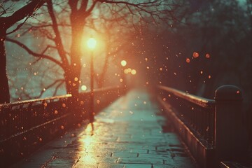 Romantic sunset in a park with lights glowing on a wooden bridge