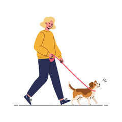 Colorful flat vector illustration of a person in yellow sweater walking a pet dog on a pink leash, isolated on white background