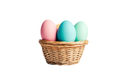 Easter basket with colorful painted eggs, cutout transparent