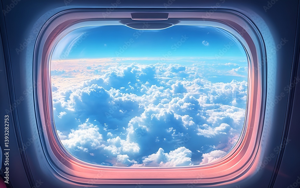 Aufkleber airplane window view capturing fluffy white clouds against a clear blue sky for travel adventure and