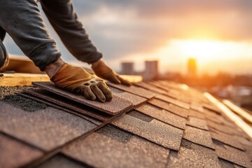 Skilled roofer at work, expertly installing asphalt shingles on a roof at sunset with a city skyline, displaying craftsmanship in home construction under golden sunlight.