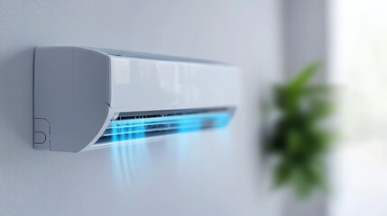 Modern air conditioner installed on a white wall, blowing cool air.