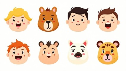 cartoon animal and children head icon