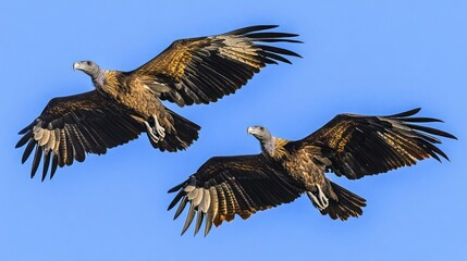 Obraz premium Two vultures soaring high in a clear blue sky