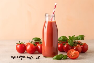 Fresh Tomato Juice In A Glass Bottle Garnished With Basil Leaves And Black Pepper On A Table, tomato juice, beverage, drink, healthy, fresh, bottle, glass, straw, red and white, tomatoes, vine, basil