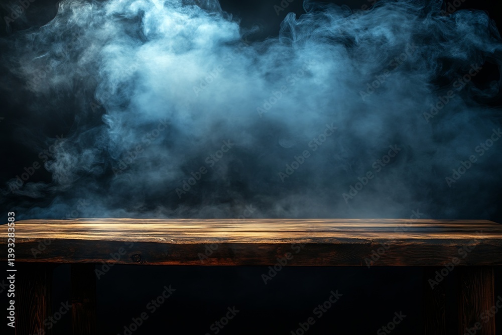 Aufkleber wooden table with smoke background dark and moody product display backdrop empty tabletop : generati