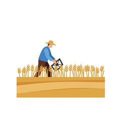 Farmer harvesting crops in sunny field with flat design style vector art
