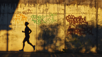Silhouette of a person running against a weathered wall with graffiti, bathed in warm light during the late afternoon. Fitness, urban exploration, artistic texture.