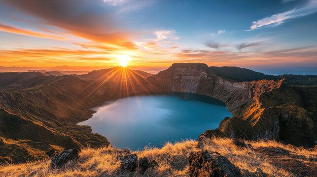 Breathtaking sunset illuminates the crater lake of Kelimutu in Indonesia. The sky shifts through warm tones while mountains frame the tranquil water, creating a serene atmosphere