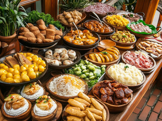 Fototapeta premium Variety of Foods Displayed on Wooden Table for Catering Service